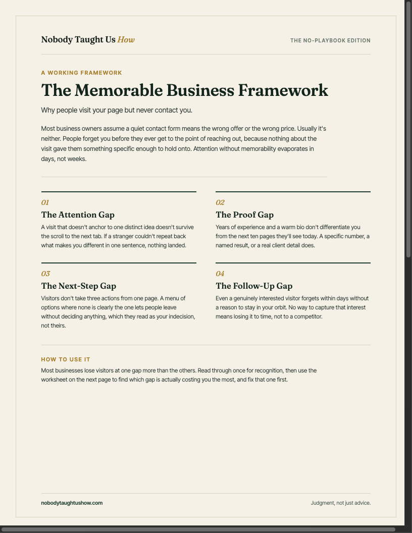 Preview of the first page of The Memorable Business Framework workbook